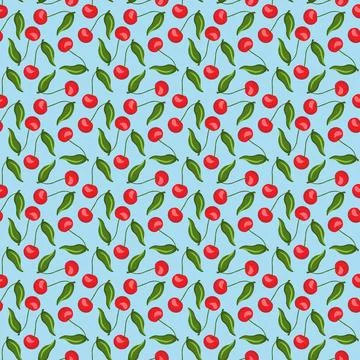 Cherry flat seamless pattern on blue background. Illustrazione stock