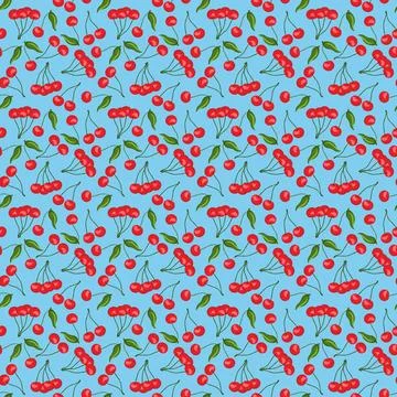 Cherry flat seamless pattern on blue background. Illustrazione stock