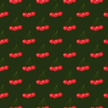 Cherry flat seamless pattern on green background. Stock Illustration
