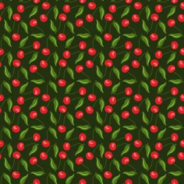 Cherry flat seamless pattern on green background. Stock Illustration