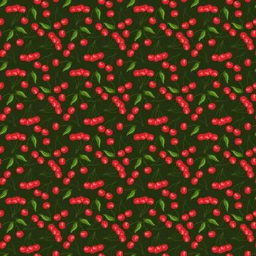 Cherry flat seamless pattern on green background Stock Illustration