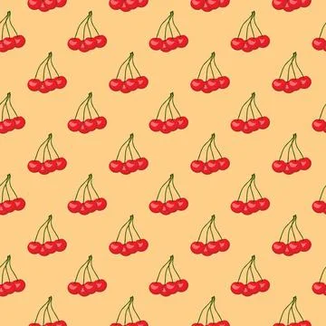 Cherry flat seamless pattern on orange background. Stock Illustration