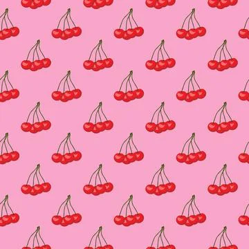 Cherry flat seamless pattern on pink background. Stock Illustration
