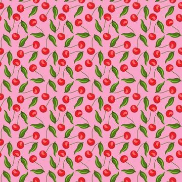 Cherry flat seamless pattern on pink background. イラスト素材