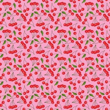 Cherry flat seamless pattern on pink background. Stock Illustration