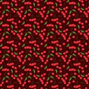 Cherry flat seamless pattern on red background. Stock Illustration