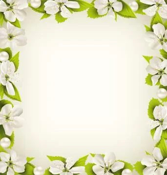 Cherry flowers with pearl beads like frame on beige Illustrazione stock