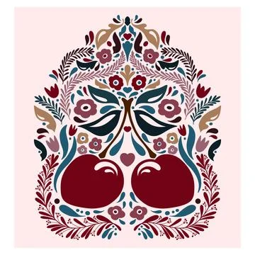 Cherry. Folk-style pattern, symmetrical, detailed vector element. Rustic, Sca Stockillustratie