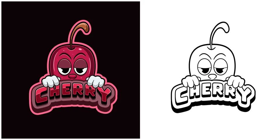 Cherry fruit cartoon logo with  text and a high expression. Full color and .. Stock Illustration
