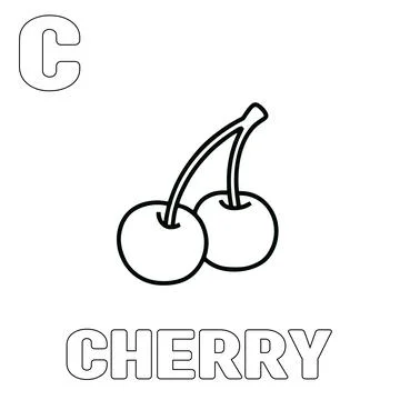 Cherry fruit coloring page. Coloring and learning to recognize the letter C Stock Illustration