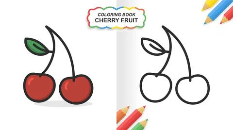 Cherry fruit hand drawn coloring book for learning. Flat color ready to print Stock Illustration