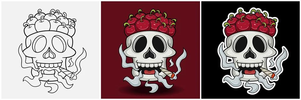 Cherry Fruit Inside Skull Head With Smoking Character Cartoon. Black White,.. Stock Illustration