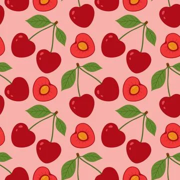 Cherry fruit with pits repeat texture, cute cartoon summer vector Stock Illustration