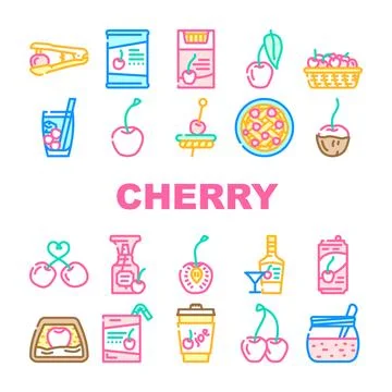 Cherry fruit red white berry leaf icons set vector Illustrazione stock