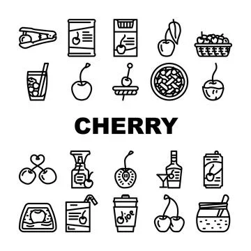Cherry fruit red white berry leaf icons set vector Illustrazione stock