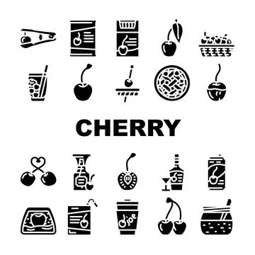 Cherry fruit red white berry leaf icons set vector Illustrazione stock