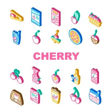 Cherry fruit red white berry leaf icons set vector 스톡 일러스트