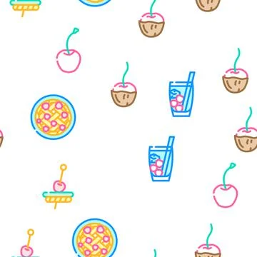 Cherry fruit red white berry leaf vector seamless pattern Stock Illustration