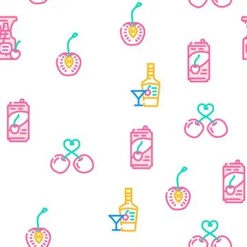 Cherry fruit red white berry leaf vector seamless pattern Stock Illustration
