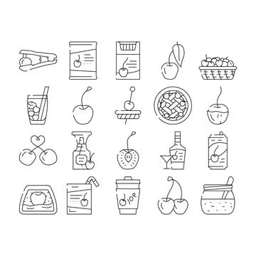 Cherry fruit red white berry leaf icons set vector Stock Illustration