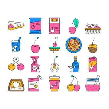 Cherry fruit red white berry leaf icons set vector Stock Illustration