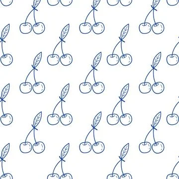 Cherry fruit seamless pattern blue line art doodle summer berry background for Stock Illustration