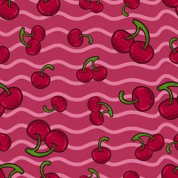 Cherry Fruit Seamless Pattern in Cartoon Style. Perfect For Background, Bac.. Stock Illustration
