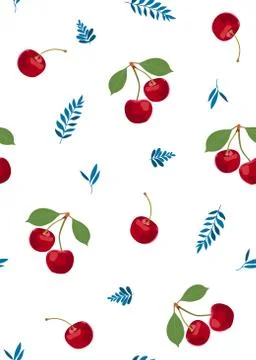 Cherry fruits seamless pattern with cute leaves, Fresh organic food, Red frui Stock Illustration