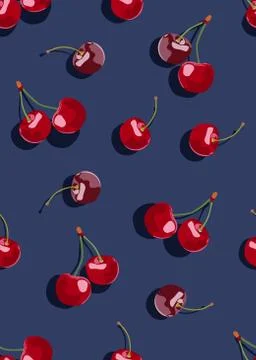 Cherry fruits seamless pattern on navy blue background, Fresh organic food, R Stock Illustration