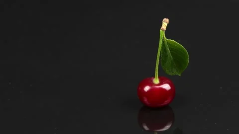 Cherry with green leaf isolated on black background, side view. Stock Footage 239232177
