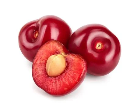 Cherry with half closeup isolated on white background, Stock Photos