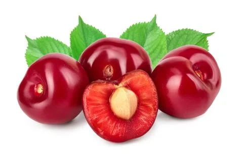 Cherry with half closeup isolated on white background, Stock Photos