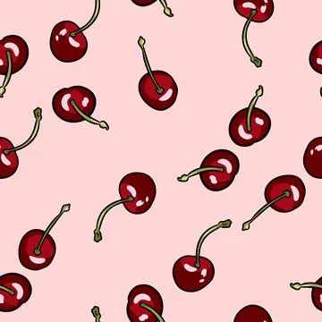 Cherry hand drawn doodles seamless border pattern. Cute colorful juicy berrie Stock Illustration