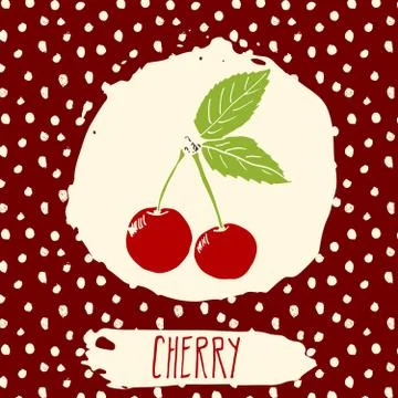 Cherry hand drawn sketched fruit with leaf on background with dots pattern. D Stock Illustration