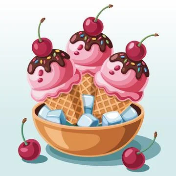 Cherry Ice Cream Scoops with Chocolate Topping in Waffle Cones Dessert Stock Illustration