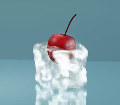 A cherry in ice cube, 3d illustration Illustrazione stock