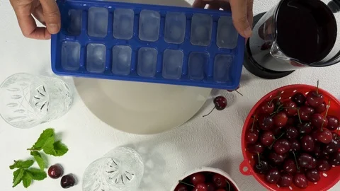 Cherry, Ice Cubes, Cherry Juice, Woman Hands Stock Footage 110622253