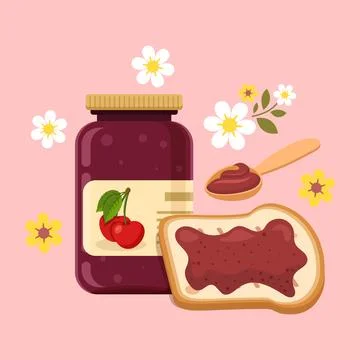 Cherry jam in glass jar with bread toast icon in flat style. Breakfast swee.. Illustrazione stock