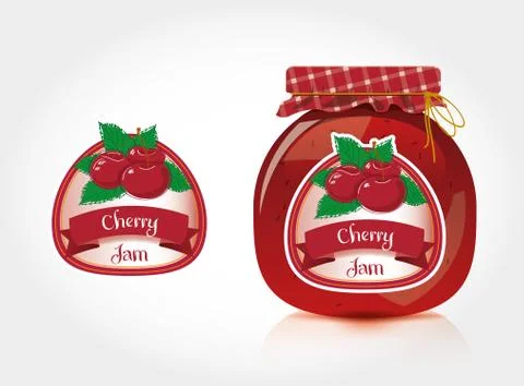 Cherry jam label with jar  Stock Illustration