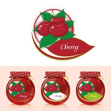 Cherry jam label with jar  Stock Illustration