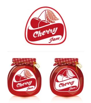 Cherry jam label with jar Stock Illustration