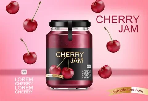 Cherry jam Vector realistic mock up. Product placement label design jar. 3d i Stock Illustration