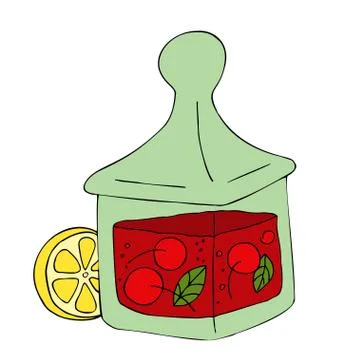 Cherry jar of jam with lemon in hand drawn style. Sweet-stuff. Illustrazione stock