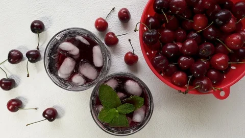 Cherry Juice with Ice and Mint Stock Footage 110623975