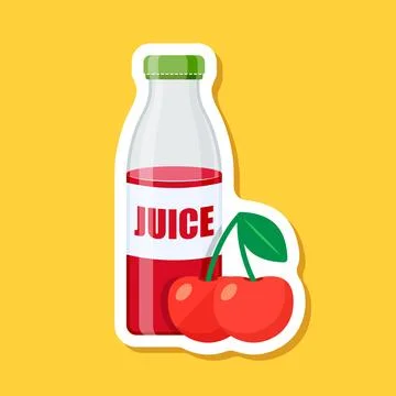 Cherry juice paper sticker in flat style. Cherries drink vector illustratio.. Stock Illustration