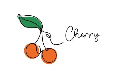 Cherry with leaf continuous one line drawing Stock Illustration