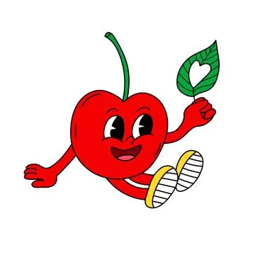 Cherry with leaf with heart shape in hand. Groovy retro mascot character. Sum Stock Illustration