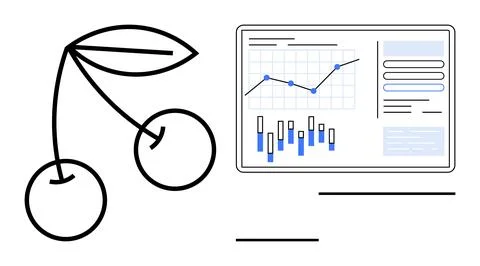 Cherry with leaves beside a data analytics dashboard displaying line and bar  스톡 일러스트