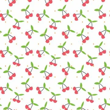 Cherry with leaves seamless pattern vector background with polka dots Illustrazione stock