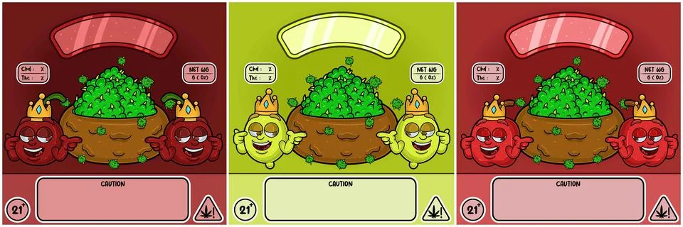 Cherry, Lemon, and Apple Strain. Weedbud in cartoon style with Three Strains. Stock Illustration